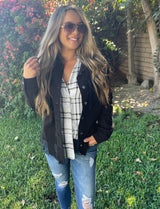 Black Distressed Button Down Shacket w/Front Pockets