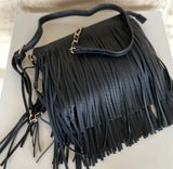 Black Large Fringe Crossbody Purse W/Gold Chain Strap