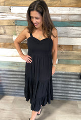 Black Tiered Midi Dress w/Adjustable Straps, Double Lined & Smocked Back