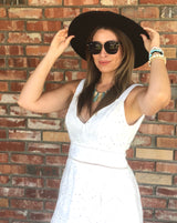 White Eyelet V-Neck and V-Back Summer Dress with Trim Ruffled Hem and Lined