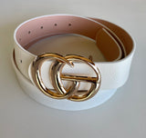 White Faux Leather “GO” Belt with Gold Buckle