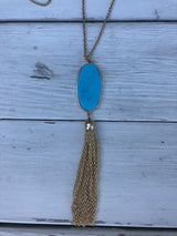 Long Gold Necklace With Turquoise Stone and Tassels