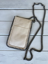 Beige Soft Faux Suede Crossbody Purse with Fold Over Snap Closure, Outside Pocket & Gun Metal Chain