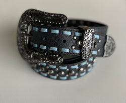 Genuine Leather Black & Teal w/Stones and Antique Buckle Belt Size M/L