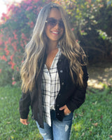 Black Distressed Button Down Shacket w/Front Pockets