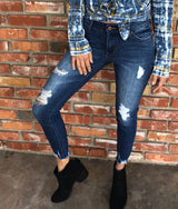Blue Distressed Skinny Crop Jeans with Shredded Ankle by Hammer Jeans
