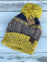 Mustard & Brown Multi-Stripe Beanie w/Pom Pom and Fur Lining