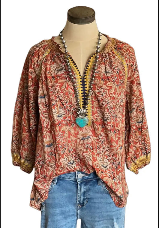 Bohemian Style Flare Sleeves V-Neck Ruching Collar Blouse