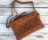 Camel Basket Weave Crossbody/Clutch Purse with Wristlet Strap or Long Shoulder Strap