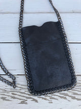 Black Shimmer Soft Faux Suede Crossbody Purse with Outside Pocket and Gun Metal Chain