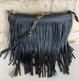 Black Large Fringe Crossbody Purse W/Gold Chain Strap