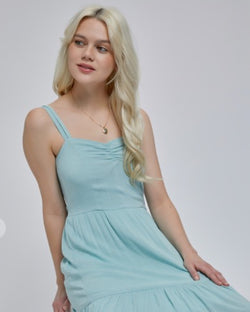 Tiffany Blue Tiered Midi Dress w/Adjustable Straps, Double Lined & Smocked Back
