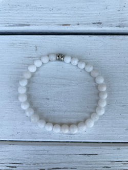 Handmade Beaded Bracelet - White Glass Beads w/Silver Bead