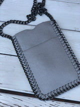 Grey Soft Faux Suede Crossbody Purse with Outside Pocket and Gun Metal Chain