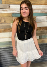 White Lace Trim Ruffled Mini Skirt w/Elastic Waistband