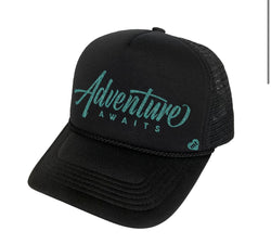 Adventure Awaits Black & Mermaid Sparkle Trucker Hat w/Adjustable Snap Closure by Mother Trucker & co.