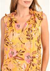 Sunny Yellow Flower Print Linen Sleeveless Top w/Ruffle Neck Detail and Tassels