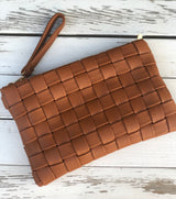 Camel Basket Weave Crossbody/Clutch Purse with Wristlet Strap or Long Shoulder Strap
