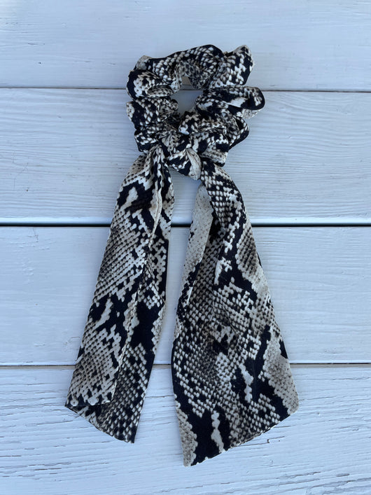 Black & Cream Snakeskin Hair Scrunchie w/Tails