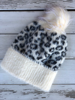 Ivory Leopard Soft Fur Beanie w/Pom Pom