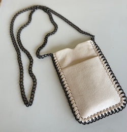 Beige Soft Faux Suede Crossbody Purse with Outside Pocket and Gun Metal Chain