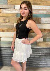 White Lace Trim Ruffled Mini Skirt w/Elastic Waistband