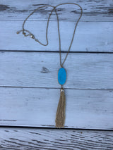 Long Gold Necklace With Turquoise Stone and Tassels