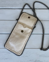 Beige Soft Faux Suede Crossbody Purse with Fold Over Snap Closure, Outside Pocket & Gun Metal Chain