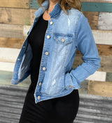 Light Blue Distressed Regular Stretch Fit Denim Jacket w/Pockets
