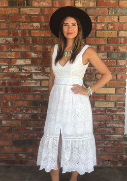 White Eyelet V-Neck and V-Back Summer Dress with Trim Ruffled Hem and Lined