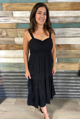 Black Tiered Midi Dress w/Adjustable Straps, Double Lined & Smocked Back
