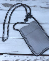 Grey Soft Faux Suede Crossbody Purse with Outside Pocket and Gun Metal Chain