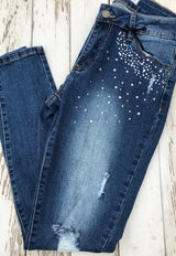 Distressed Rhinestone Pockets Skinny Jeans by Hammer   Take your outfit to the next level with OC Social Butterfly's hand selected, specially curated stylish pants. You can't go wrong a great pair of distressed skinny jeans, comfy joggers or linen pants.  Ships from the USA, unique style, fashion trends, comfortable jeans