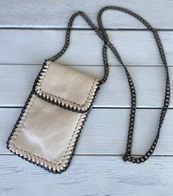 Beige Soft Faux Suede Crossbody Purse with Fold Over Snap Closure, Outside Pocket & Gun Metal Chain