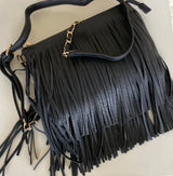 Black Large Fringe Crossbody Purse W/Gold Chain Strap