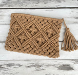 Brown Crochet Boho Clutch Bag w/Tassel Zipper & Inner Pocket