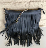 Black Large Fringe Crossbody Purse W/Gold Chain Strap