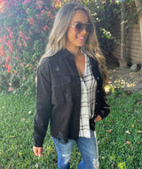 Black Distressed Button Down Shacket w/Front Pockets