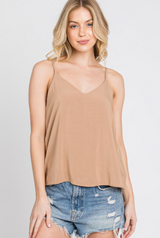 Brown Pre-Washed Challis V-Neck Double Layered Cami Top - Made in USA