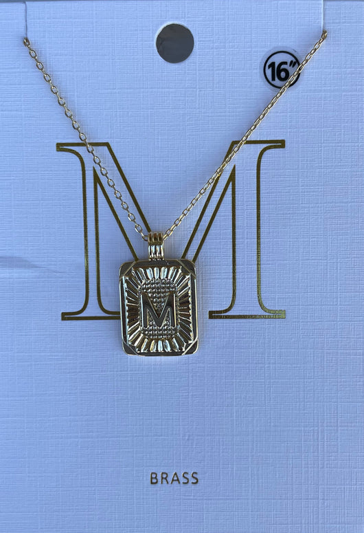 Initial M Gold Rectangle Necklace 16”