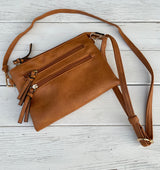 Small Camel Vegan Crossbody Purse with Outside Pockets and Leopard Lining