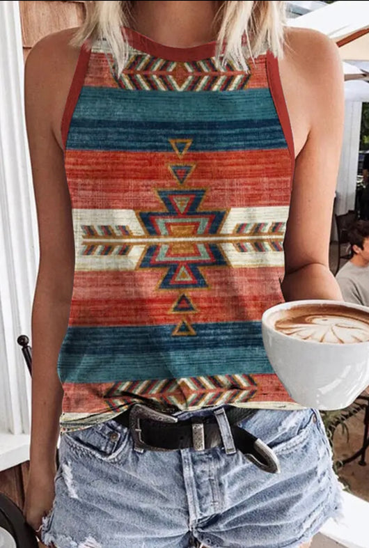 Aztec Print Crew Neck Tank Top