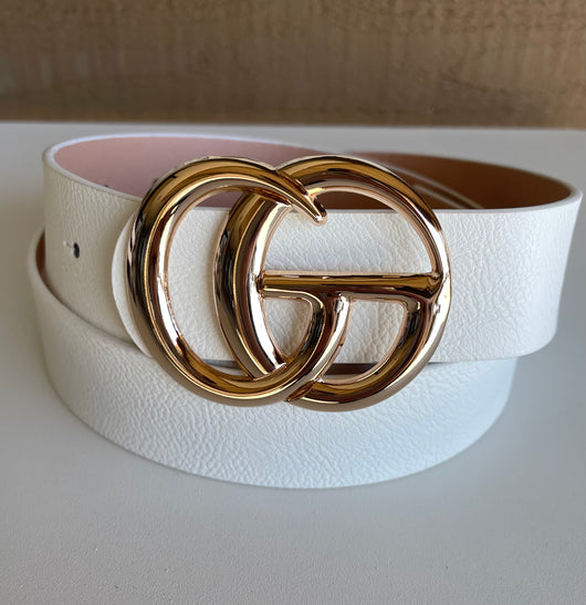 White Faux Leather “GO” Belt with Gold Buckle