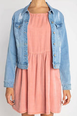 Light Blue Distressed Regular Stretch Fit Denim Jacket w/Pockets