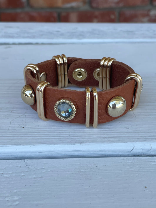Camel Faux Leather With Gold Details Snap Closure Bracelet