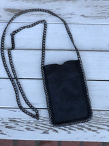 Black Shimmer Soft Faux Suede Crossbody Purse with Outside Pocket and Gun Metal Chain