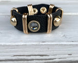 Black Faux Leather With Gold Details Snap Closure Bracelet