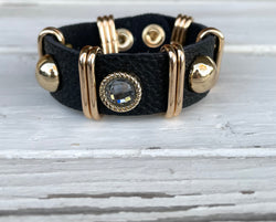 Black Faux Leather With Gold Details Snap Closure Bracelet