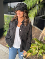 Black Distressed Button Down Shacket w/Front Pockets