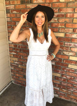 White Eyelet V-Neck and V-Back Summer Dress with Trim Ruffled Hem and Lined